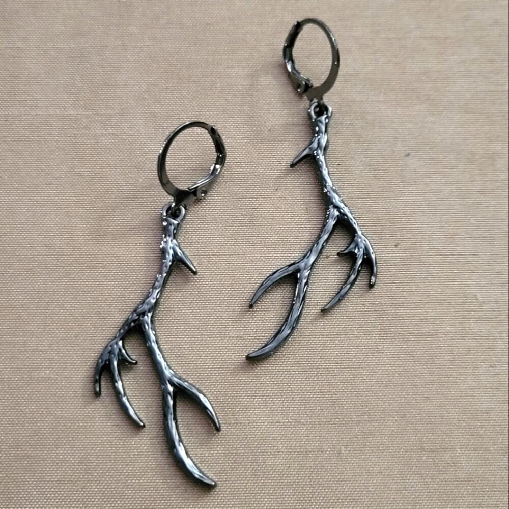 Gunmetal black boho antler earrings
